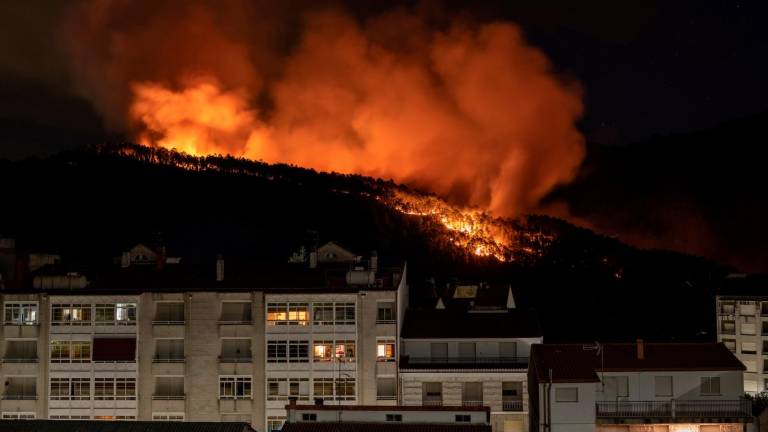 Vista de las llamas cercanas a las viviendas en Ribadavia, en la noche de este jueves. Foto: Brais Lorenzo.