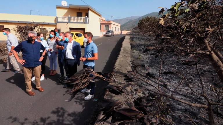 El presidente de Canarias, Ángel Víctor Torres, segundo por la derecha, durante su visita a las inmediaciones del incendio del municipio de El Paso de La Palma. Foto: E.P.