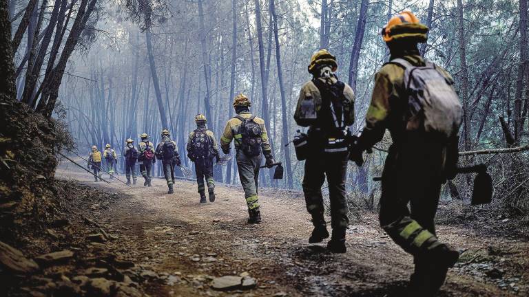 gran despliegue de brigadistas en Beirán, Puebla de Brollón, Lugo durante las difíciles tareas de extinción de las llamas este martes. Foto: EFE / Adra Pallon.