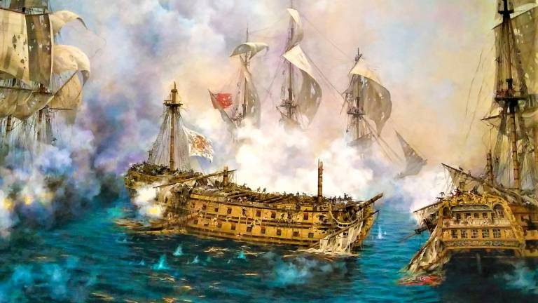 Pintura de 2014 realizada por Augusto Ferrer Dalmau, representando El último combate del navío ‘Glorioso’ en 1747. Fue el quinto y el que –tras cuatro victorias– fue apresado por los ingleses.