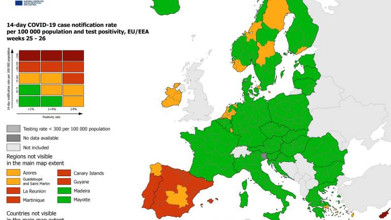 mapa. Así se encuentran los países de la Unión Europea según el actual ‘semáforo COVID’. Foto: ECDC Europa