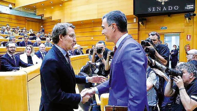 Sánchez saluda a Feijóo antes de comenzar la sesión del Senado. Foto: EP
