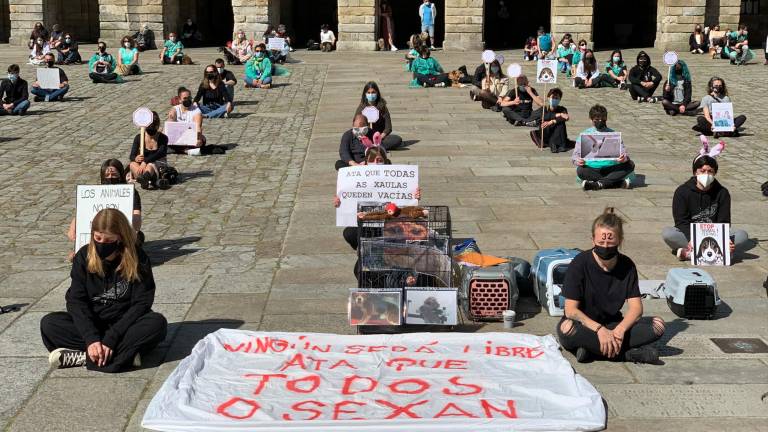 Las y los asistentes se sentaron en plena Praza do Obradoiro en protesta de las actividades que maltratan a los animales. <i>Fotografía: Javier Rosende</i>