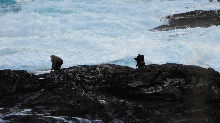 riesgo. Dos furtivos se dedican a extraer percebes en la costa coruñesa, entre el peligro de las rocas afiladas y el mar embravecido. Foto: Gallego 