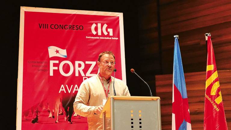 O reelexido secretario xeral da CIG nun intre do VIII Congreso en Santiago. Foto: Gallego