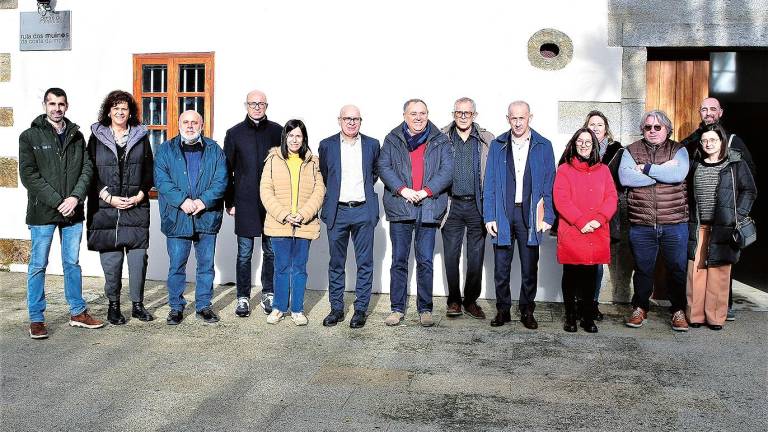 Xosé Regueira, sexto pola esquerda, con alcaldes, concelleiros e técnicos na presentación en Golmar. Foto: Deputación Coruña