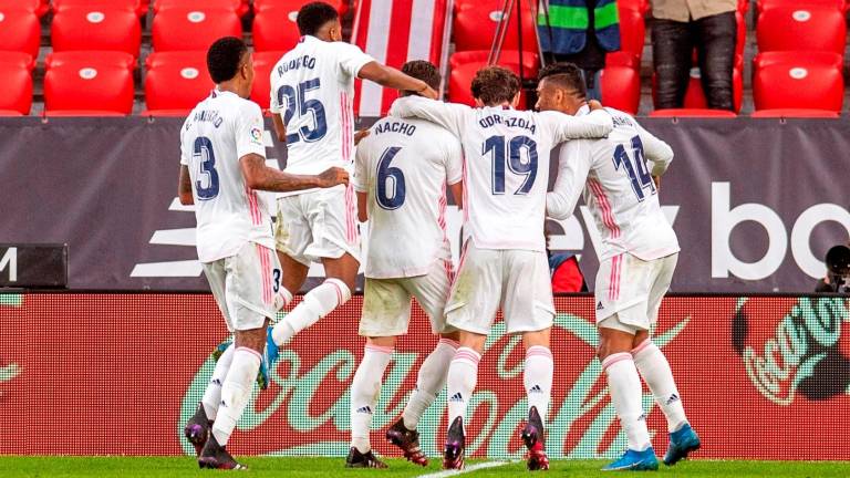 Los jugadores del Madrid tras el gol de Nacho. Foto: Zorrilla