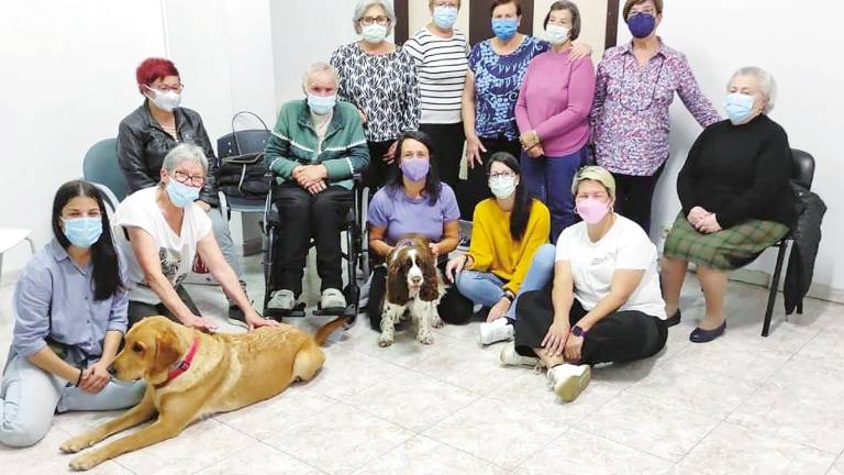 Usuarios y personal de las aulas de estimulación cognitiva de Ames con los perros de apoyo Bizcocho y Musa. Foto: CDA