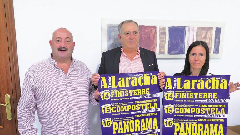 Pola esquerda, o presidente da comisión, o alcalde da Laracha e a concelleira delegada da área de Festas, na presentación do cartel. Foto: C.A.L.