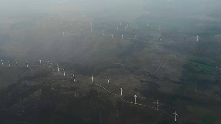 Vista aérea de un parque eólico distribuido por un monte en Galicia. Foto: Esteban de la Iglesia 