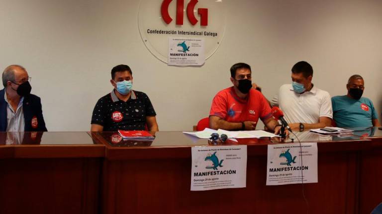Representantes das centrais sindicais CIG, CCOO e UGT, na rolda de prensa. Foto. CIG