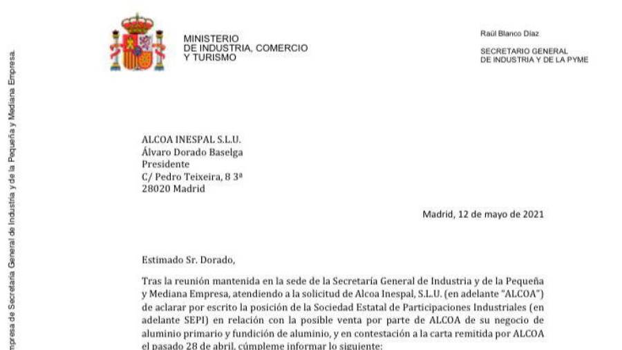 Carta del secretario general de Industria, Raül Blanco, al titular de Alcoa en España, Álvaro Dorado. Foto: R. Aluminio