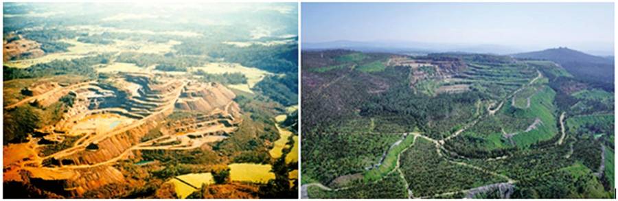 Comparativa visual con una imagen de la mina de Touro una vez abandonada la explotación hace cerca de cuarenta años, a la izquierda, y otra actual en pleno proceso de regeneración