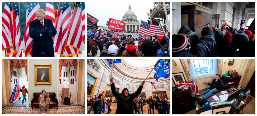 Washington, Dc (Estados Unidos), 01/06/2021.- Una foto combinada que muestra al presidente de los Estados Unidos, Donald J. Trump, gesticulando durante su discurso a los simpatizantes (arriba a la izquierda), los partidarios del presidente en la escalera del Capitolio de los EE. UU. (parte superior central), manifestantes asaltan las puertas del Capitolio de los EE. UU. (parte superior derecha), manifestantes que caminan dentro del Capitolio de los EE. UU. sosteniendo una bandera confederada (parte inferior izquierda), manifestantes se reúnen dentro de la Rotonda del Capitolio (parte inferior central), y un manifestante se sienta en el escritorio de la presidenta de la Cámara de Representantes de EE. UU., Nancy Pelosi (abajo a la derecha), en Washington, DC, EE. UU., 6 de enero de 2020. Varios grupos de partidarios de Trump han irrumpido en el Capitolio de EE. UU. y se han rebelado mientras el Congreso se prepara para reunirse y certificar la resultados de las elecciones presidenciales estadounidenses de 2020. (Protestas, Disturbios, Estados Unidos) EFE / EPA / VARIOUS