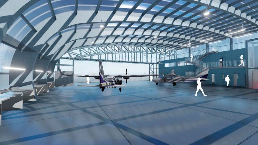 Imagen de diseño virtual del interior del hangar que planea construir la firma aeronáutica en el polígono industrial de Rozas, en Lugo Foto: Indra