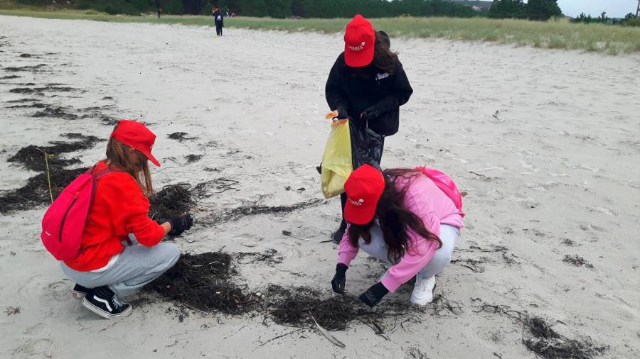 Tres jóvenes limpian el arenal de A Ermida en el municipio de Ponteceso