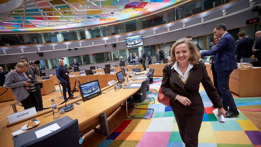 La ministra de Economía, Nadia Calviño, en una reunión del Ecofin en Bruselas. Foto. Gallego
