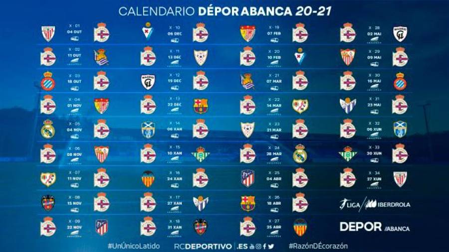 Calendario del Deportivo Abanca en esta Liga Iberdrola 2020/21. Fuente: RC Deportivo
