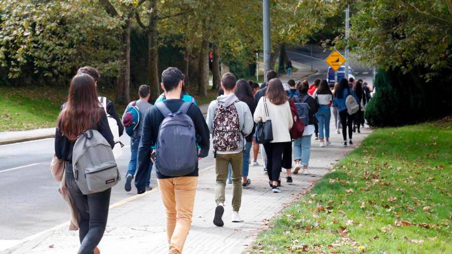 Un grupo de estudiantes universitarios van camino de su facultad en un campus de Santiago (USC). Foto: Antonio Hernández