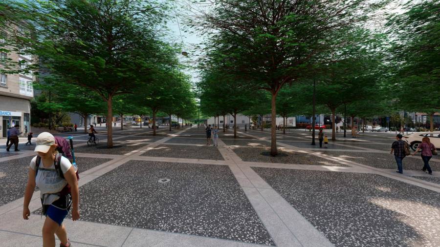 Imagen virtual del futuro cruce de la Avenida de Lugo entre el barrio de Fontiñas y la rúa dos Concheiros. Fotos: ECG