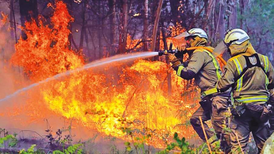 Brigadistas sofocando un dos incendios que asolaron Rianxo en 2019. Foto: Lavandeira Jr.