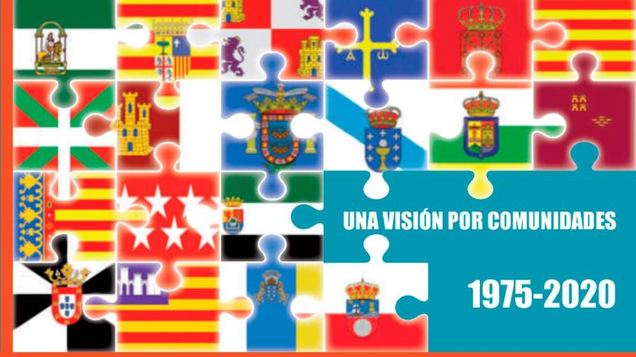Detalle de la portada del volumen ‘45 años de evolución económica, social y empresarial de las Comunidades Autónomas en España (1975-2020)’. Foto: CGE