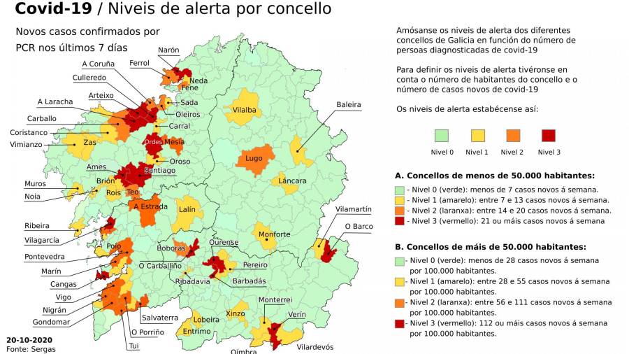 Mapa con la incidencia del coronavirus a siete días por municipios de Galicia, actualizado el 20 de octubre de 2020. - CONSELLERÍA DE SANIDADE