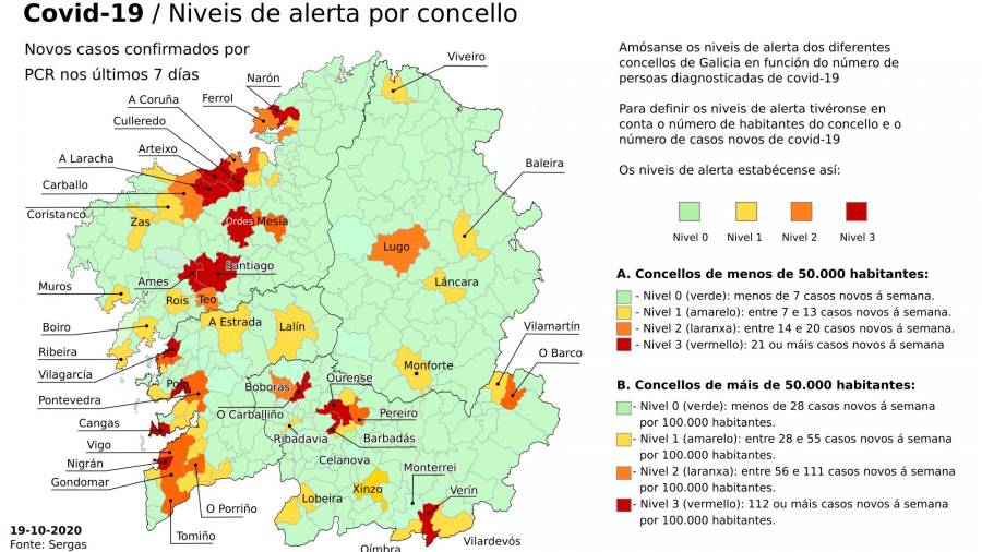 19/10/2020 Mapa de la incidencia del coronavirus en los municipios gallegos en los últimos siete días, actualizado a 19 de octubre de 2020. XUNTA