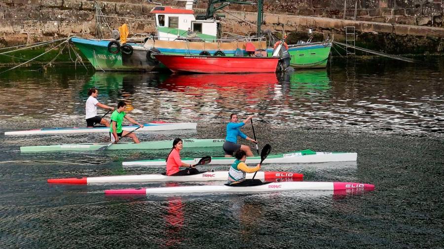 Varios piragüistas disfrutan del deporte del remo en el río Ulla a su paso por la localidad pontevedresa de Pontecesures. Foto: Antonio Hernández