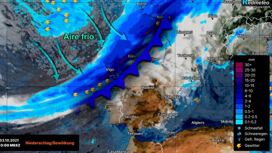 Imagen de Redmeto del frente de lluvia que afectará a Galicia y a parte de la península.