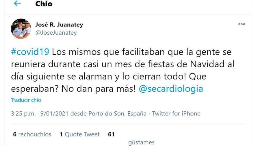 Mensaje en la cuenta de Twitter del cardiólogo José Ramón González-Juanatey
