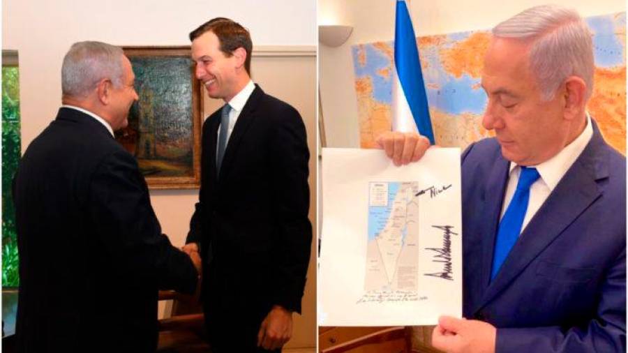 Por la izquierda, el yerno de Donald Trump saludando a Netanyahu, que aparece a la derecha con un plano de la zona. Foto: ECG