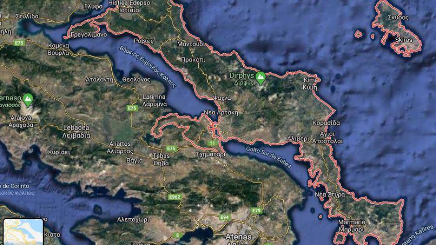Isla de Eubea, en Grecia, silueteada en rojo. GOOGLE MAPS