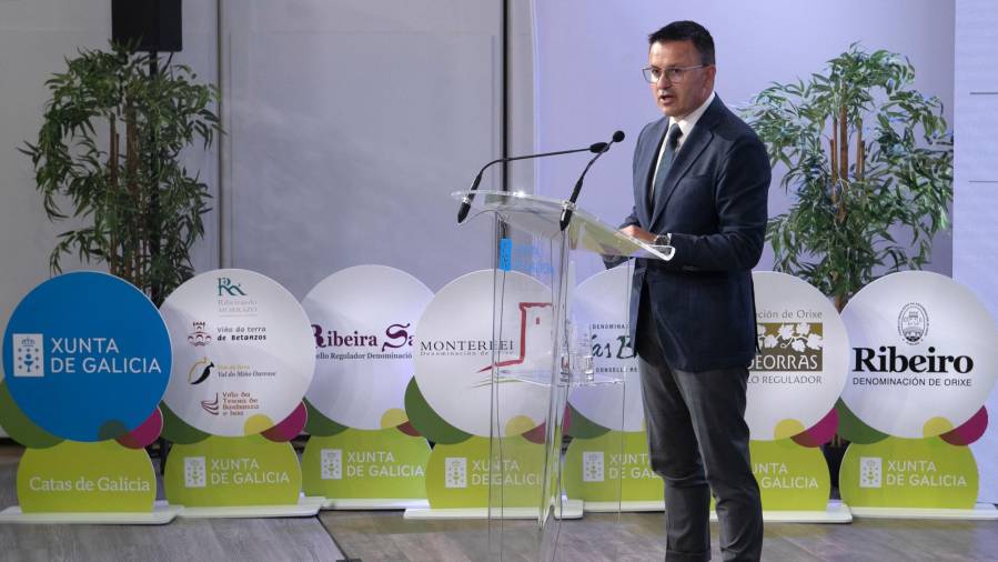 El conselleiro do Medio Rural, José González, durante la presentación de la Estrategia del vino gallego, este martes.