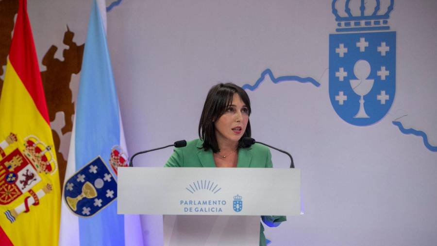 La conselleira María Jesús Lorenzana en una rueda de prensa en el Parlamento de Galicia.
