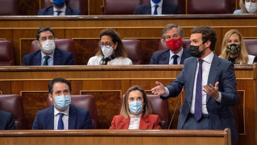 El líder del PP, Pablo Casado, interviene en una sesión de control al Gobierno, a 19 de mayo de 2021, en el Congreso de los Diputados, Madrid, (España). EUROPA PRESS/A.Ortega. 19/05/2021
