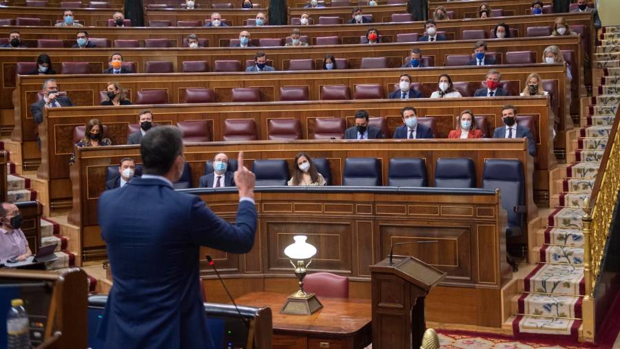 El presidente del Gobierno, Pedro Sánchez, interviene en una sesión de control al Gobierno, a 19 de mayo de 2021, en el Congreso de los Diputados, Madrid, (España). EUROPA PRESS/A.Ortega. 19/05/2021