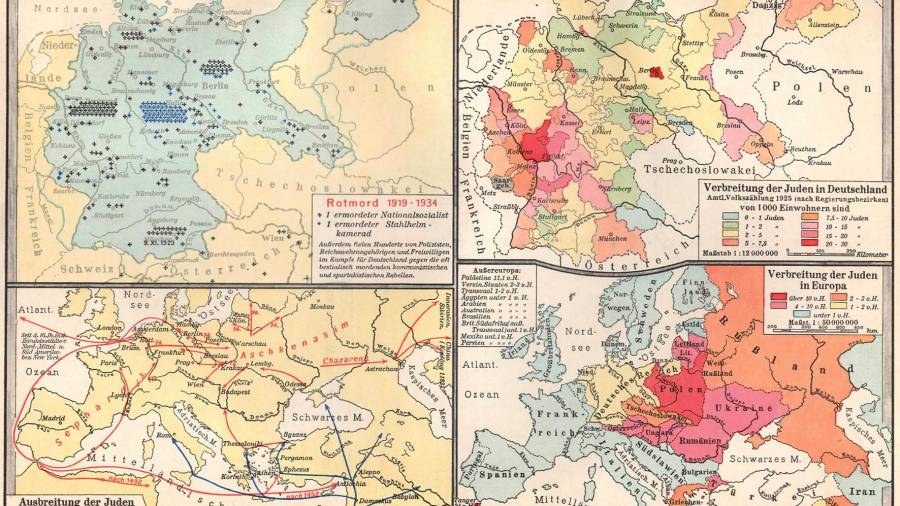 Atlas nazi de 1937 en el que se pueden ver mapas sobre la distribución de los judíos en el mundo y de los muertos en la Gran Guerra causada por los hebreos, según los nazis