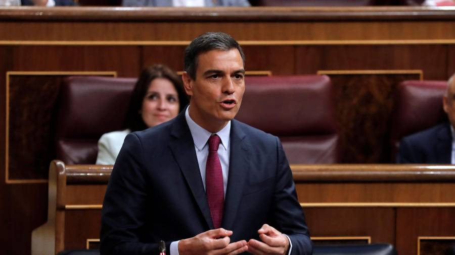 MADRID, 22/07/2020.- El presidente del Gobierno, Pedro Sánchez, durante su intervención en la sesión de control al Ejecutivo que este miércoles se celebra en el Congreso. EFE/Chema Moya
