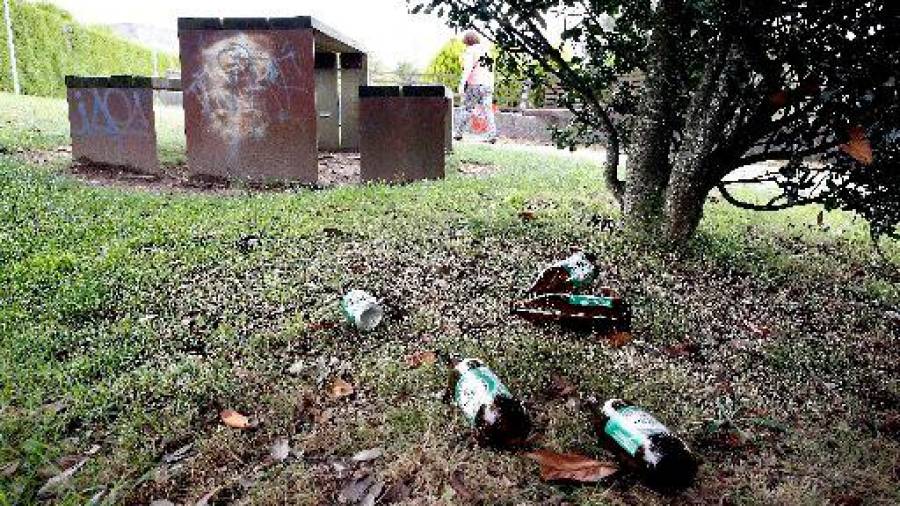 Restos de un botellón en el parque Luis Pasín, donde se ven cascos de litronas sobre el césped. Foto: Antonio Hernández