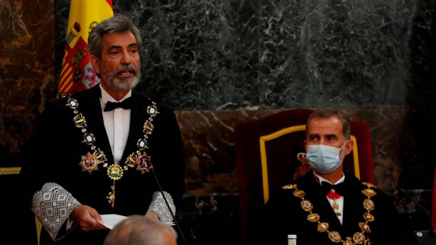 Juan Carlos Lesmes, ayer durante su intervención ante el rey Felipe VI. Foto: J.J. Guillén/Efe