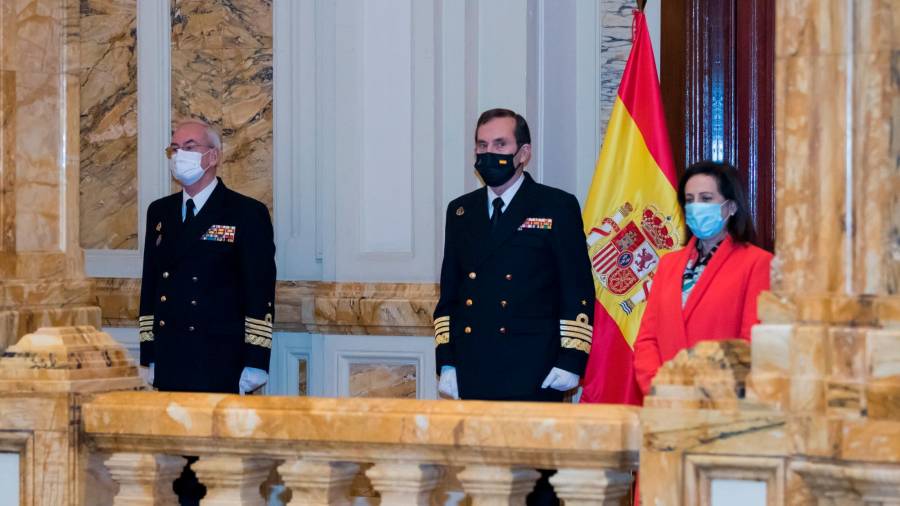 Margarita Robles, el almirante Antonio Martorell y el Jemad Teodoro López. E.P.