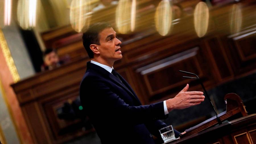 MADRID, 03/06/2020.- El presidente del Gobierno, Pedro Sánchez, durante su intervención ante el pleno del Congreso que vota este miércoles la última prórroga del estado de alarma. EFE/ J.J. Guillén