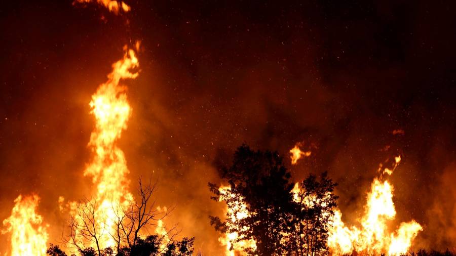 GRAF6632. CUALEDRO ( ORENSE ), 30/07/2020.- Imagen de las llamas del incendio registrado este miércoles en el ayuntamiento de Cualedro (en Ourense), que afecta también al municipio de Monterrei y sigue avanzando sin control, superando ya las 1.000 hectáreas calcinadas, lo que le convierte en el más grande de la temporada en Galicia, con daños en infraestructuras, huertas y fincas. EFE / Sxenich.
