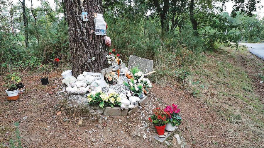 El punto de la pista forestal de Teo donde apareció el cuerpo de Asunta se ha convertido en un santuario. Fotos: A. Hernández