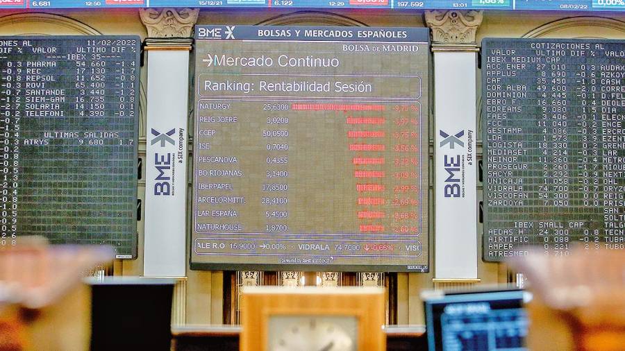 Uno de los paneles de datos informativo del parqué de la Bolsa madrileña. Foto: Europa Press