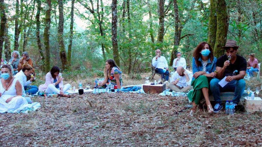 Participantes en la cata de orujo en el bosque de Berán-Leiro. Foto: G.