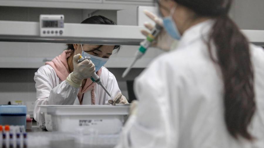 LABORATORIO. Personal del laboratorio chino Sinovac durante el proceso de vacunas antixocid-19. Foto: Wu Hong 