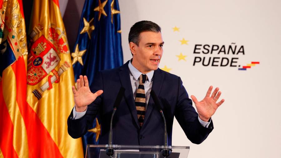El presidente del Gobierno de España, Pedro Sánchez, ayer durante su intervención. Foto: Efe
