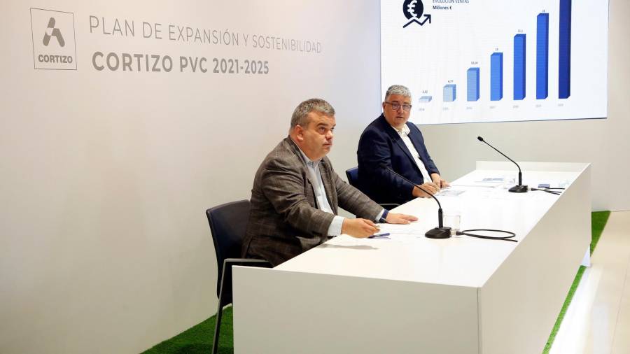Por la izquierda Daniel Lainz, junto a Estanislao Suárez, en la presentación en la sede del grupo Cortizo en Extramundi, Padrón, del Plan de Expansión y Sostenibilidad Cortizo PVC 2021-2025. Foto: Antonio Hernández